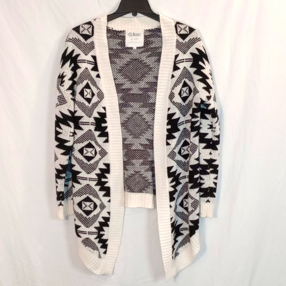Ci Sono White Black Knit Aztec Sweater Cardigan Western Women's Size Medium